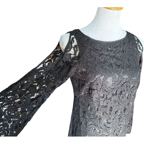 Womens Adrianna Papell Black Cold Shoulder Long Sleeve Lace Shift Dress - Sz 4 - Picture 3 of 4